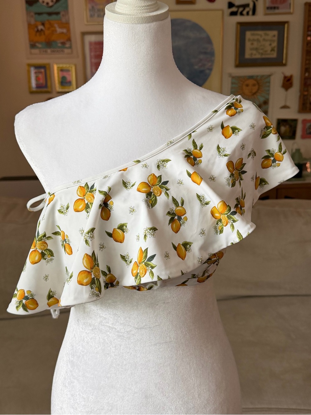 For Love and Lemons White and Lemon Print Swimsuit Top Size Large